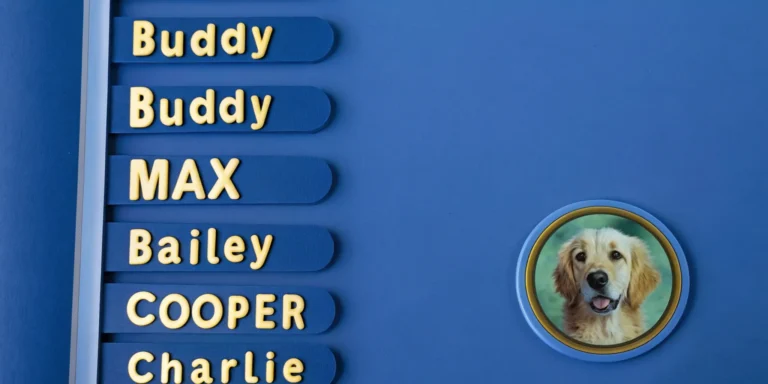 A blue wall with vertical name tags reading "Buddy", "MAX", "Bailey", "COOPER", and "Charlie". A circular framed photo of a golden retriever dog is below.