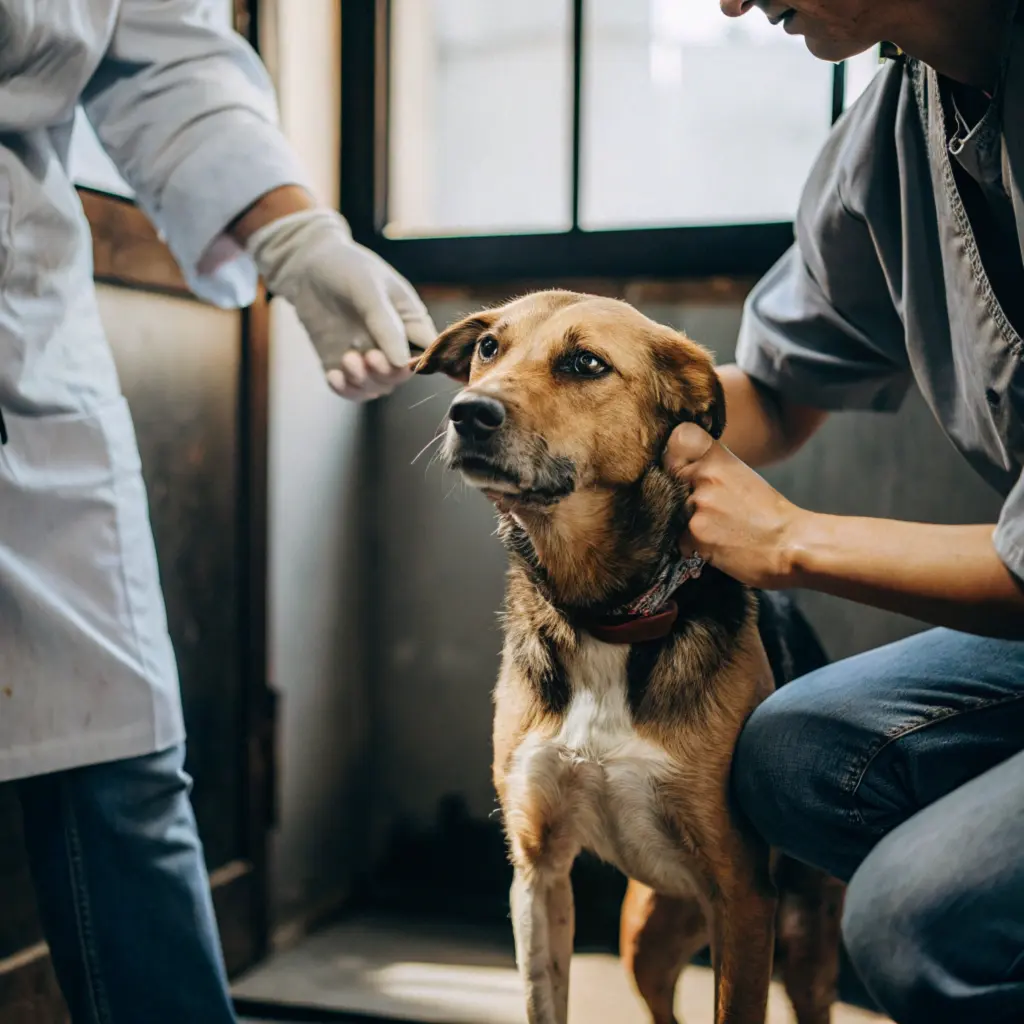 A worried dog is being examined by two veterinarians in a clinic setting.