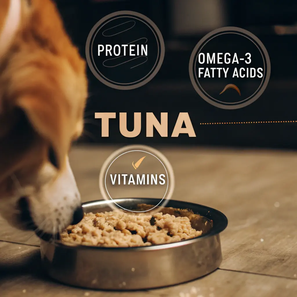 A dog eating tuna from a bowl, highlighting its nutritional benefits like protein, omega-3 fatty acids, and vitamins.