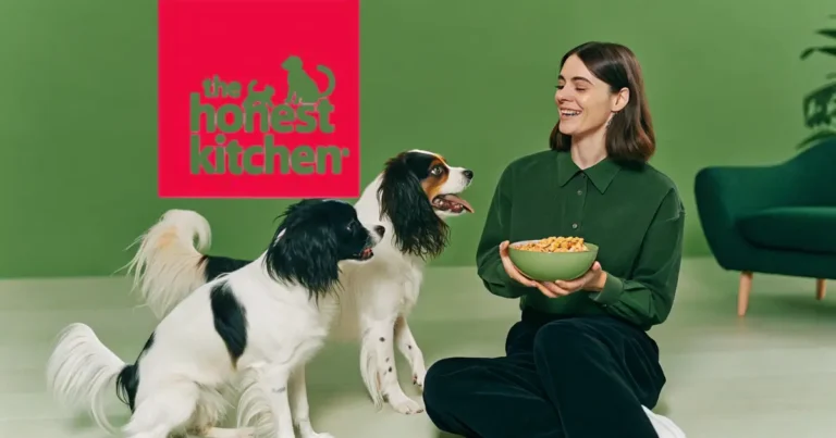 A woman sitting on the floor, smiling and holding a bowl of dog food, with two dogs eagerly looking at her. The Honest Kitchen logo is displayed in the background on a green wall. honest kitchen dog food