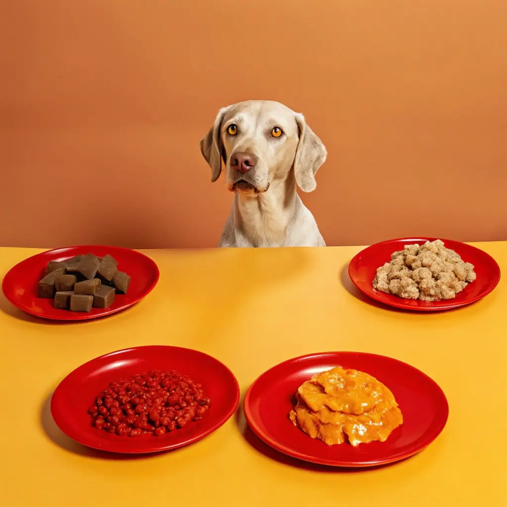 "A light-colored dog sitting behind a table with four red plates of different types of food, including kibble, cubes, and wet food, against an orange background."