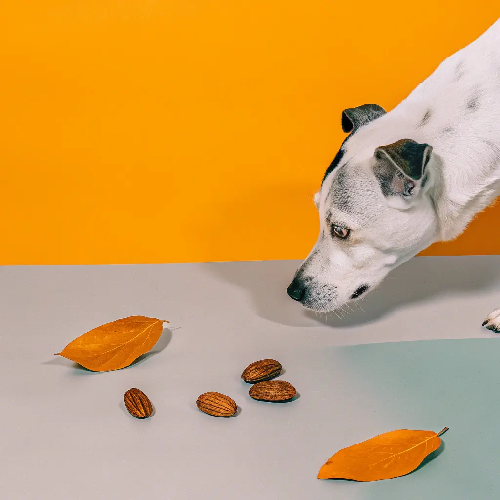 A curious dog sniffing pecans and autumn leaves on a flat surface with a vibrant yellow background.