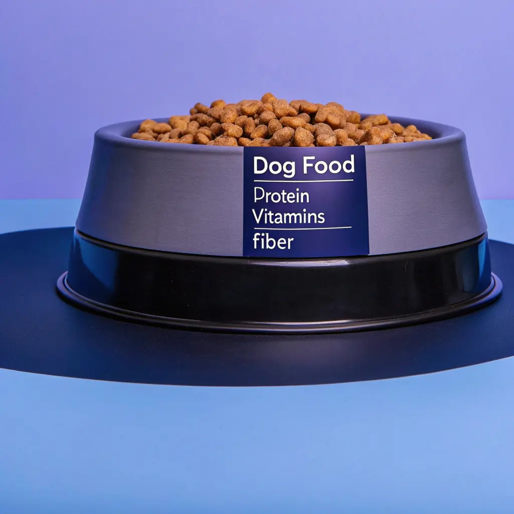 "A dog food bowl filled with kibble, labeled with the words 'Dog Food,' 'Protein,' 'Vitamins,' and 'Fiber,' against a purple and blue background."