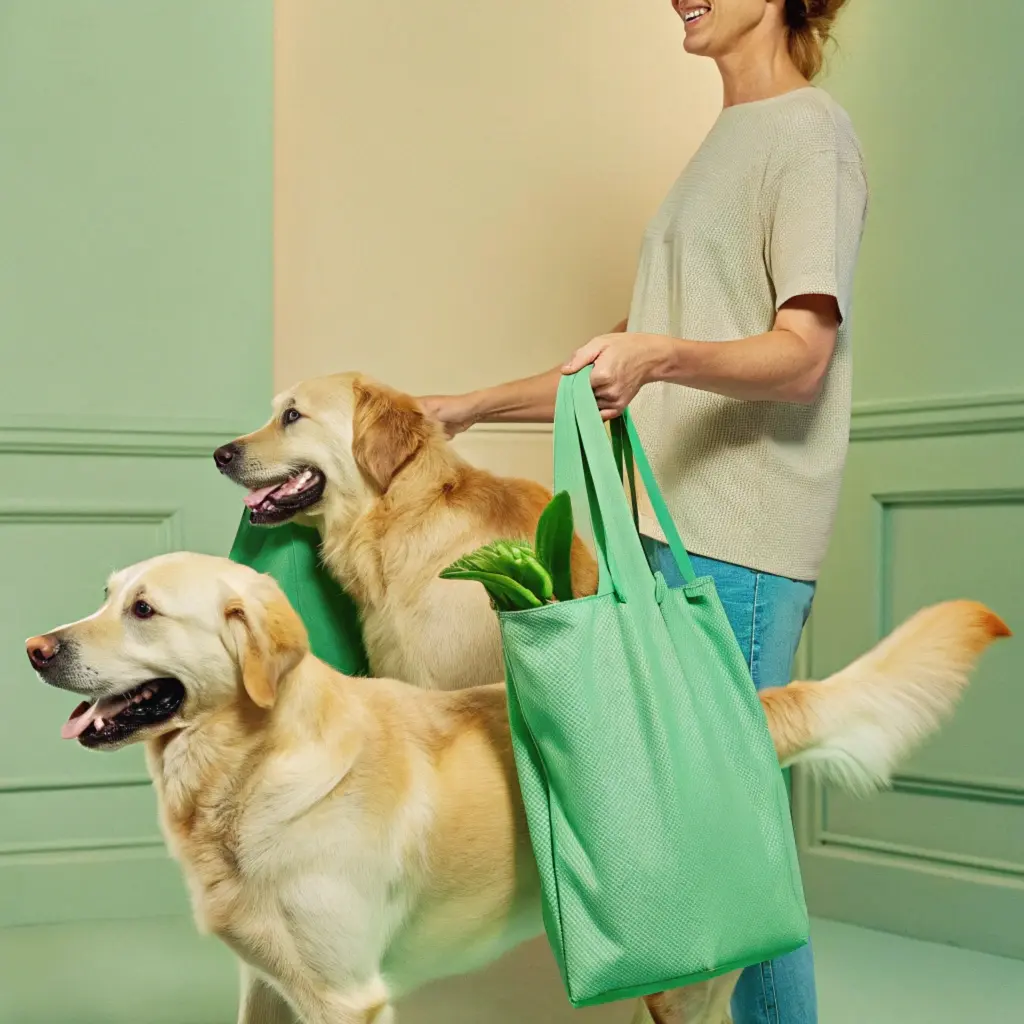 Two golden retrievers standing beside their owner, who is holding green reusable shopping bags containing fresh vegetables.