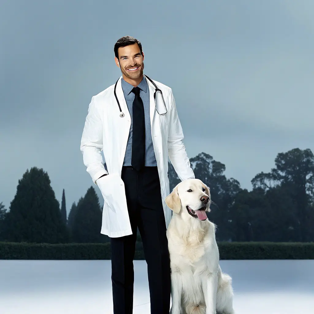 A smiling veterinarian in a white lab coat standing with a golden retriever in an outdoor setting.