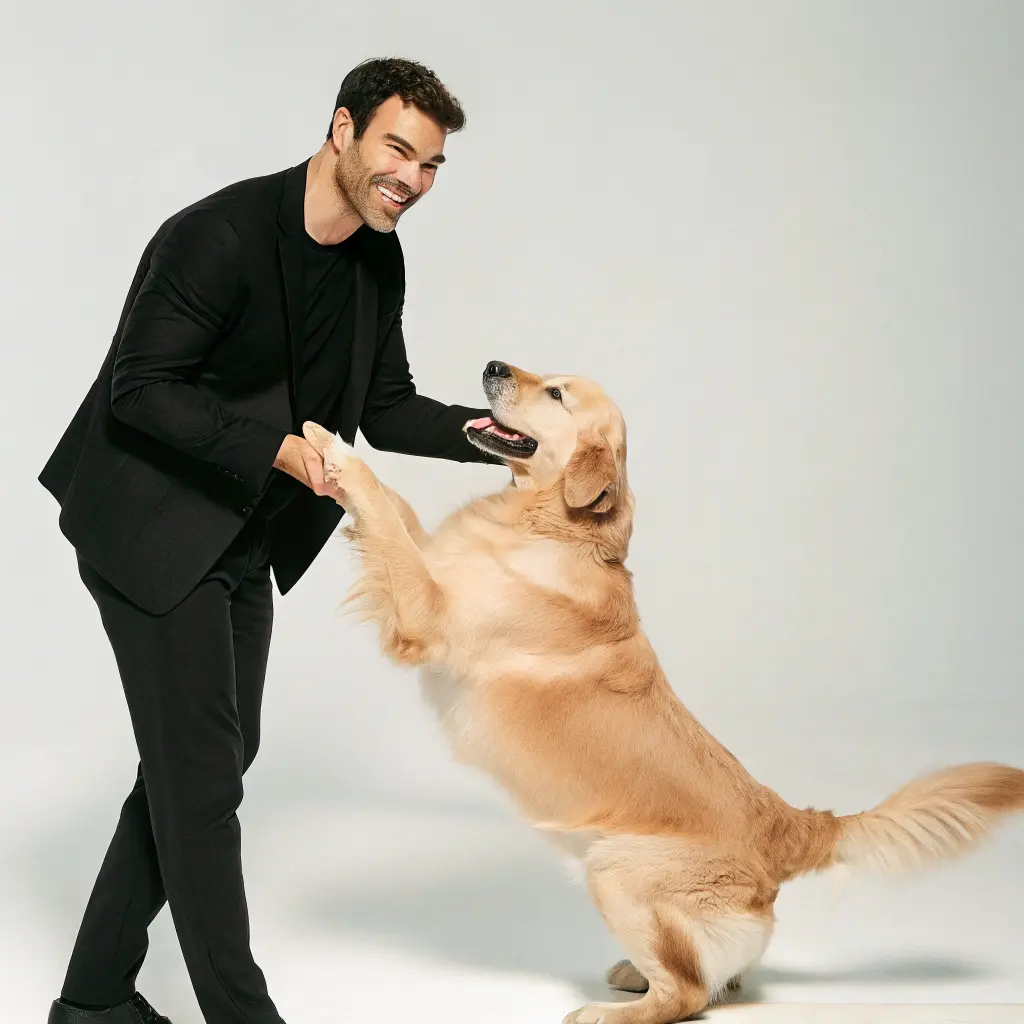  A man dressed in a black suit smiling and holding paws with a Golden Retriever dog in a friendly pose