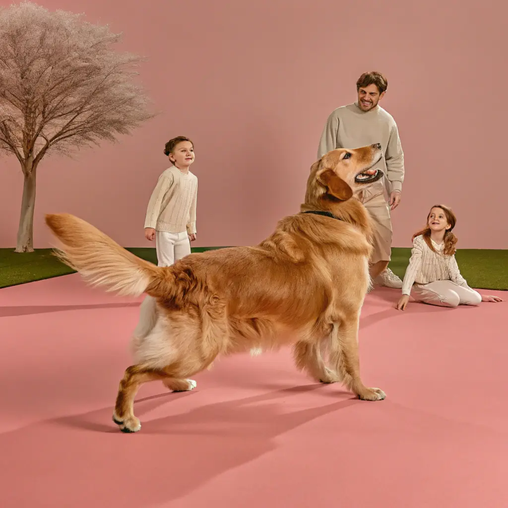 A Golden Retriever interacting with a family, including a man and two children, in a pink-toned indoor setting.