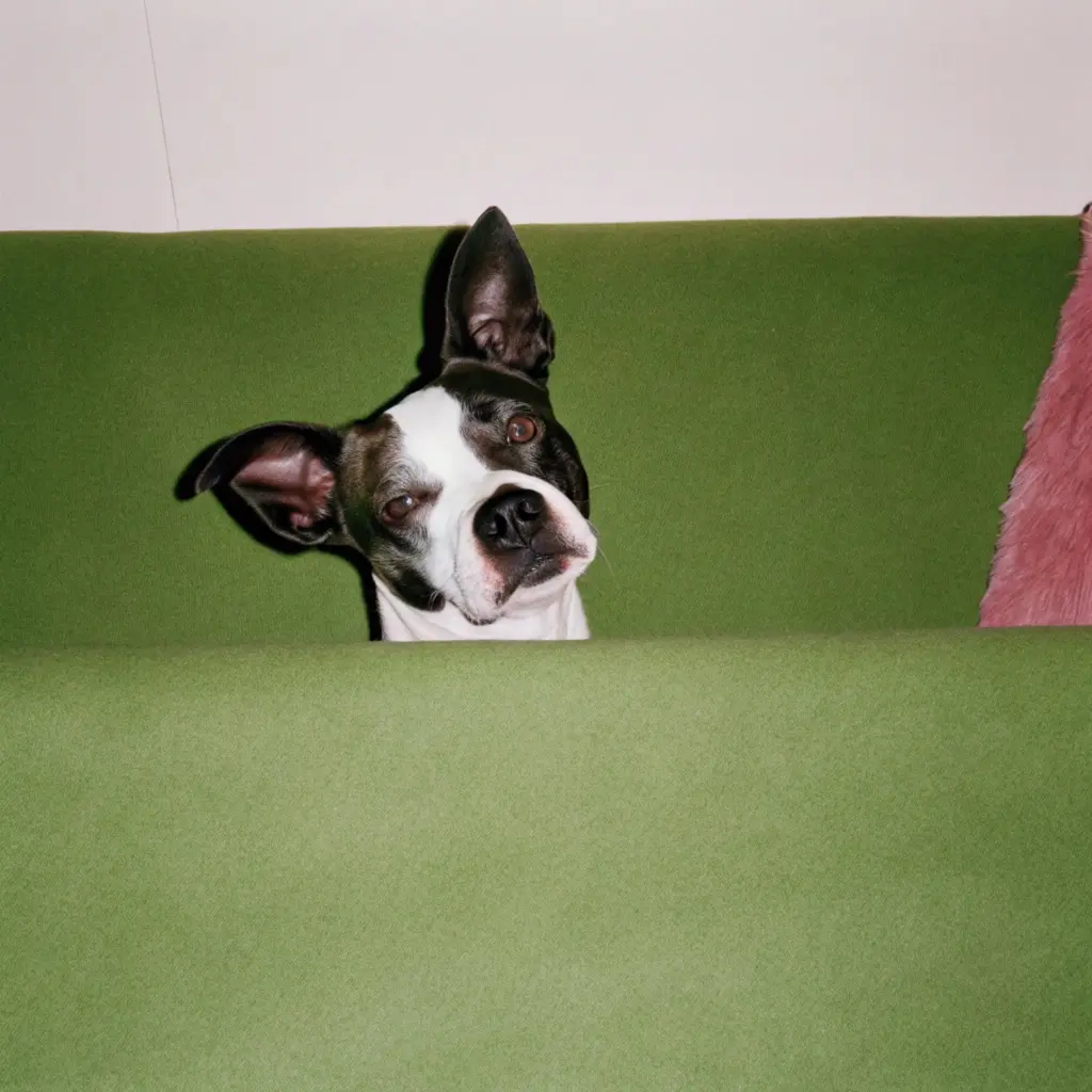 A black and white dog with floppy ears peeks over the back of a green couch.