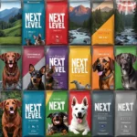 A collage of Next Level dog food packages, each featuring a different breed photo and flavor.