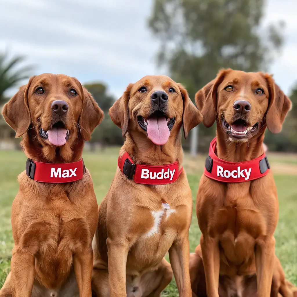 Three red puppies with unique personalities, showcasing vibrant red dog names.