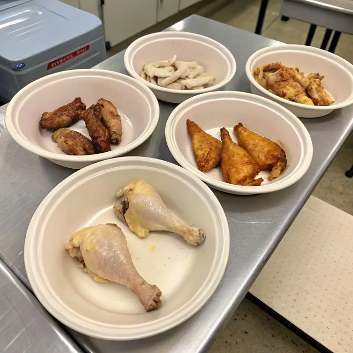 Multiple bowls of chicken prepared in various ways, including raw drumsticks, fried pieces, and sliced cooked chicken, placed on a kitchen counter."