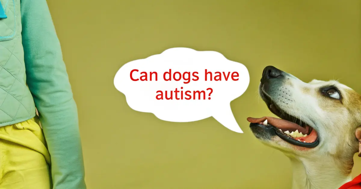 A dog looking upwards with a speech bubble that says, "Can dogs have autism?"