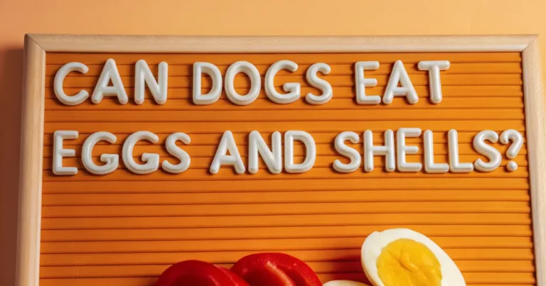 A board with text reading "Can Dogs Eat Eggs and Shells?" against a bright orange background.