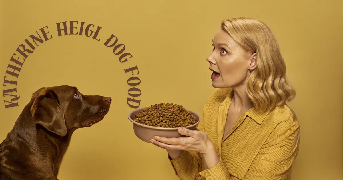 "Katherine Heigl dog food displayed alongside Katherine Heigl and her dog, emphasizing premium pet nutrition."