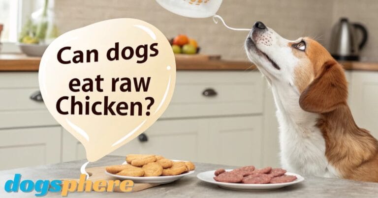 "A dog staring at plates of raw and cooked food with a text bubble that reads 'Can dogs eat raw chicken?' in a kitchen setting."