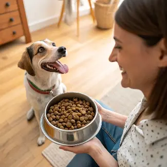 A dog looking expectantly at a bowl of Hill's Science Dog Food.