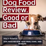 A dog eating from a bowl of Hill's Science Dog Food with the text "Dog Food Review: Good or Bad?" above.