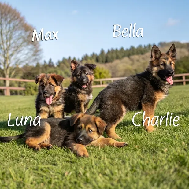 Four adorable German Shepherd puppies in a grassy field, each with a unique German dog name: Max, Bella, Luna, and Charlie.