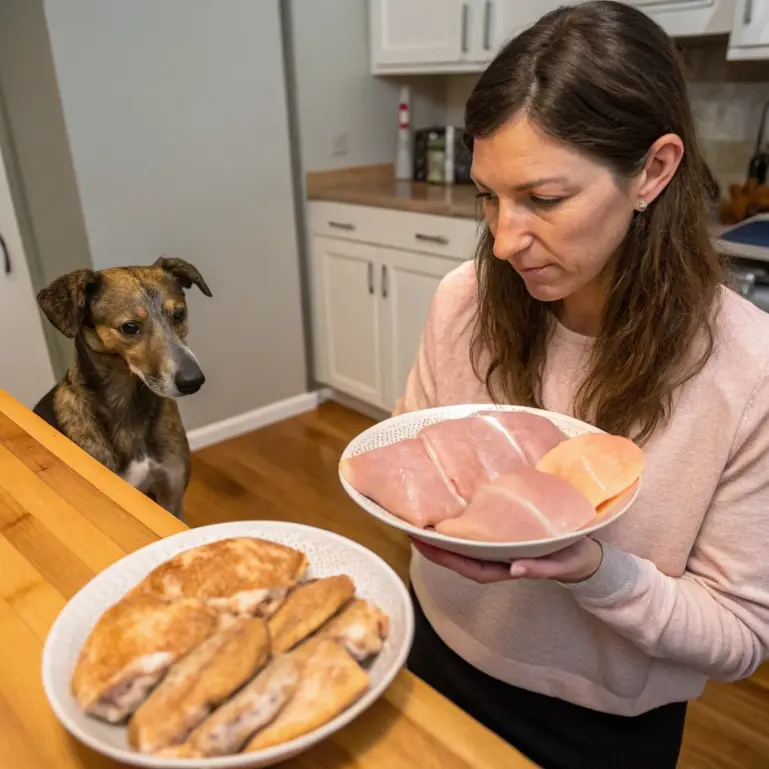 A woman holding two plates of chicken, one with raw chicken and the other with cooked chicken, as a dog curiously looks on from the kitchen counter."