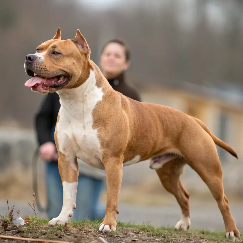 A close-up of an American Staffordshire Terrier, showcasing its strong, muscular build and short coat. The dog appears alert and confident.