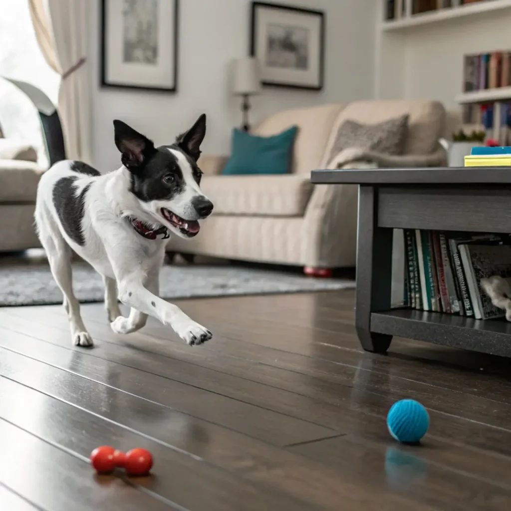 "A black and white dog playing happily at home."