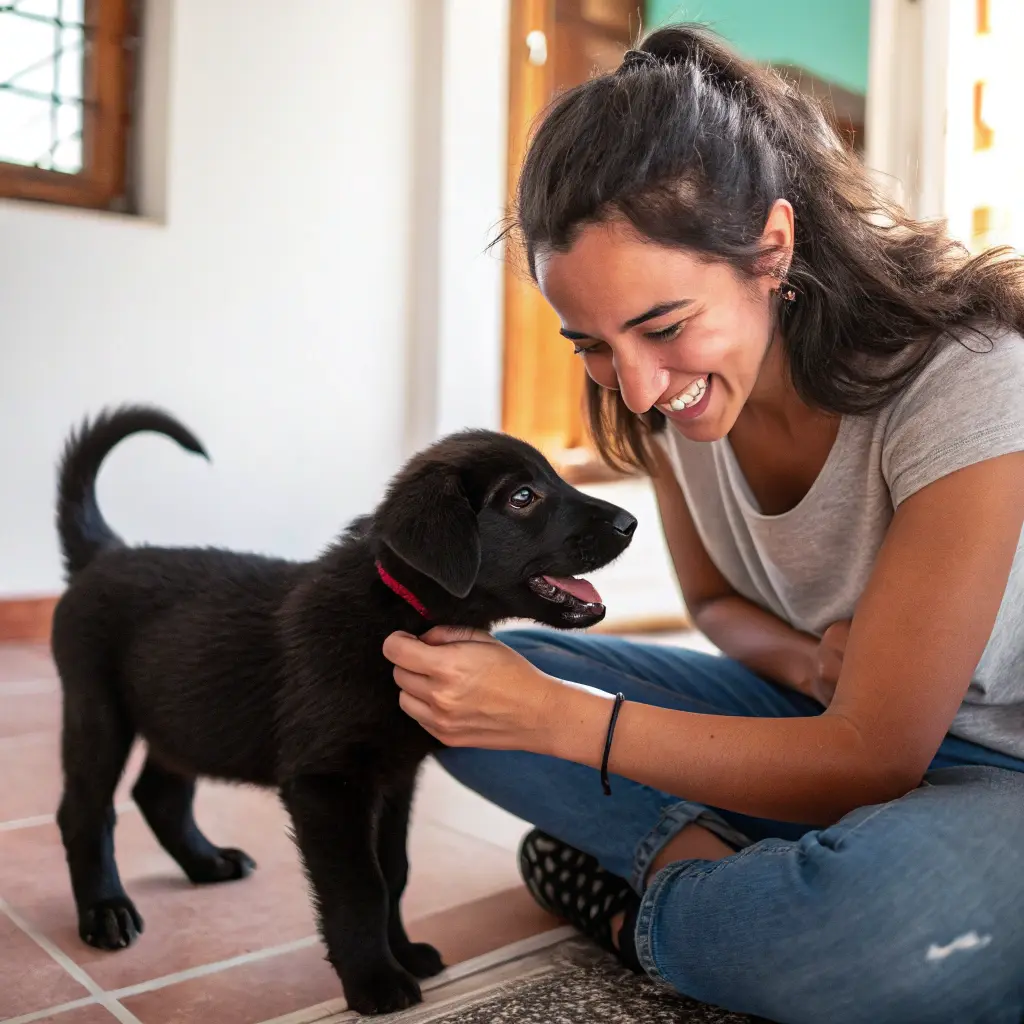 "A black and white puppy sitting with its owner, enjoying a quiet moment together."