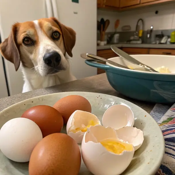 A curious dog staring at a plate of eggs and cracked eggshells in a kitchen setting