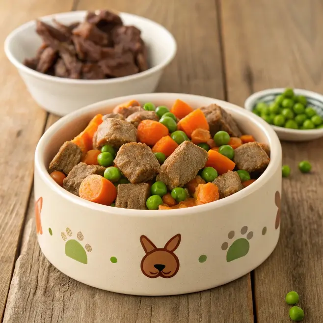 Dog food bowl filled with meat chunks, carrots, and peas, emphasizing whole ingredients.