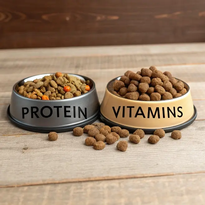 Dog food bowls labeled with protein and vitamins, filled with nutritious kibble.