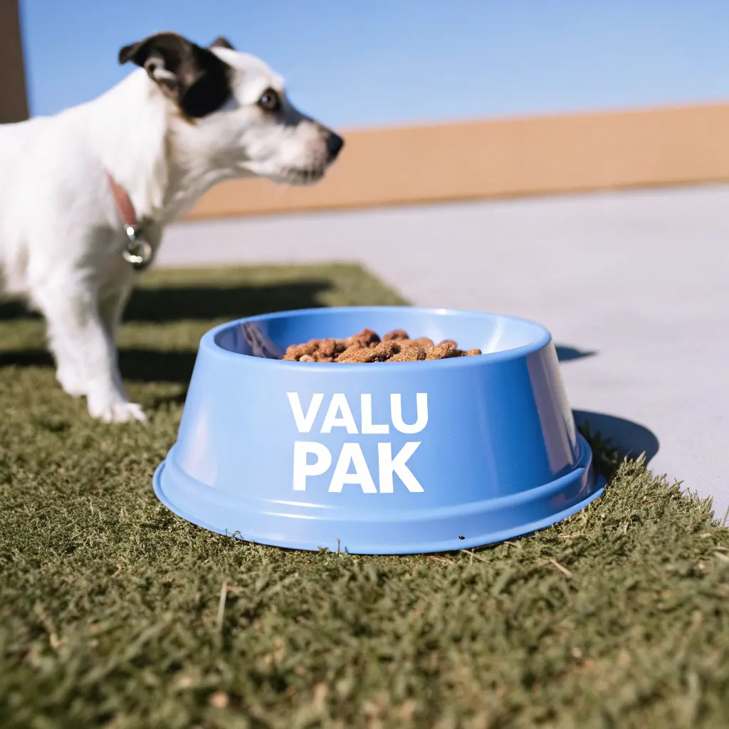 Valu Pak dog food in a blue bowl, ready for a hungry pup.