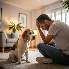  A man sitting on the floor holding his head while looking at his sad dog.can dogs have autism