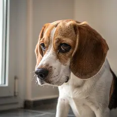 A sad dog standing by a window, looking outside with a thoughtful expressioncan dogs have autism
