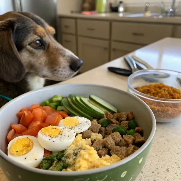 A dog beside a bowl of fresh ingredients, including sliced eggs, vegetables, and dog food.