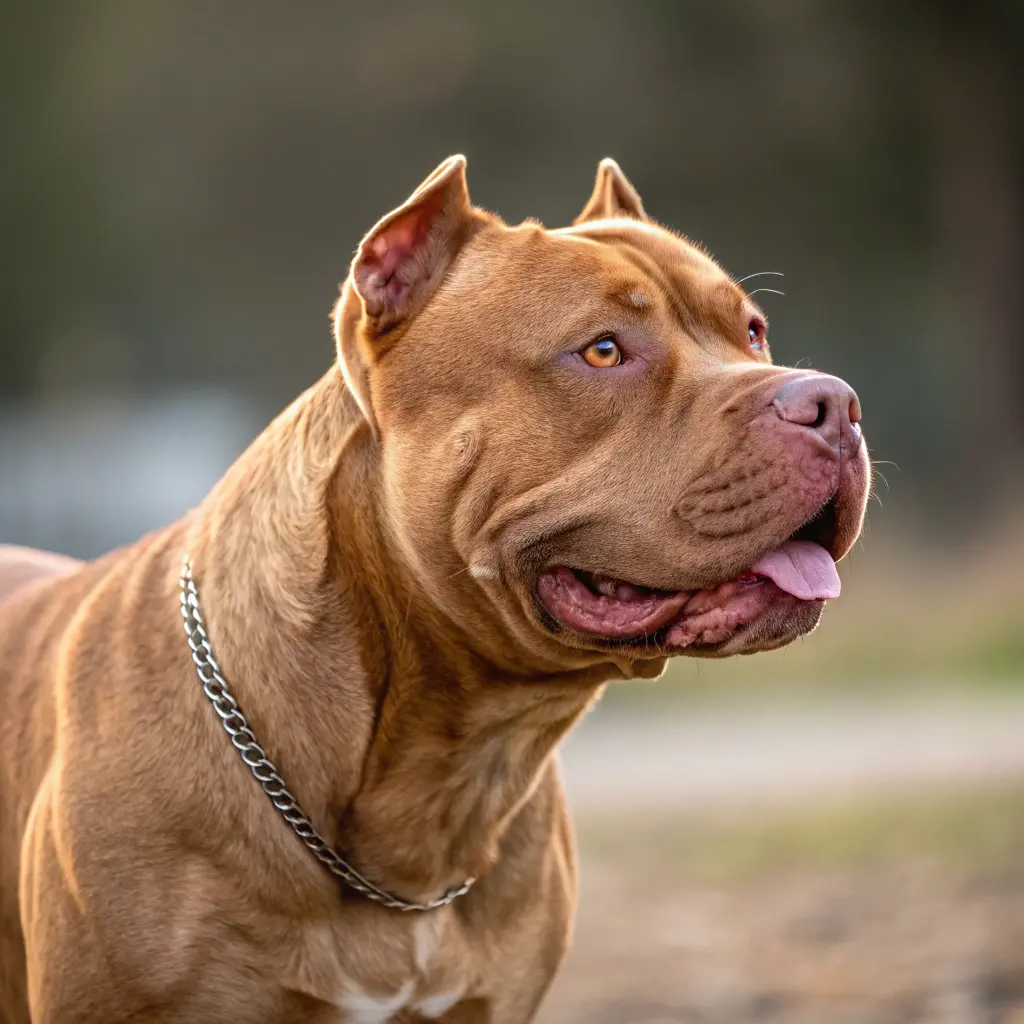 A well-built English Pitbull standing outdoors, showing its muscular frame, short coat, and a calm yet attentive demeanor.