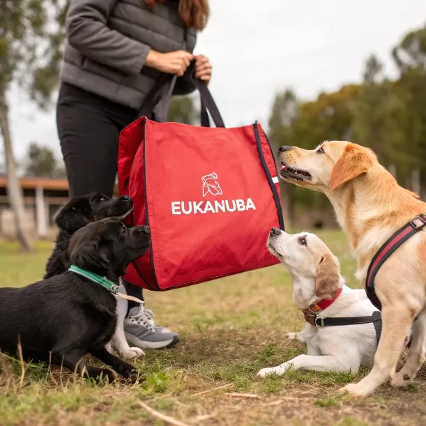 Dogs eagerly waiting for their Eukanuba dog food, showcased in a vibrant red branded bag.