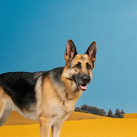 A German Shepherd dog names standing in a desert landscape.