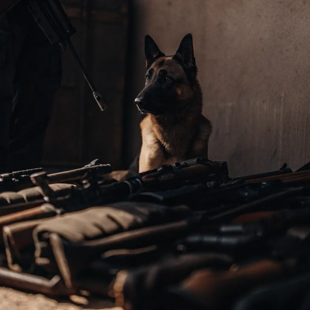 A dog sitting attentively in a room with a large number of firearms.gun names for dogs