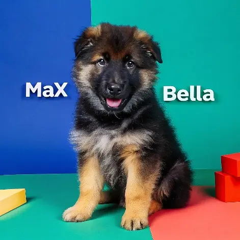 A German Shepherd dog names puppy sitting on a yellow background with the names Max and Bella written below.