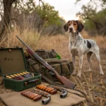 A hunting dog standing near a shotgun and hunting accessories.and gun names for dogs