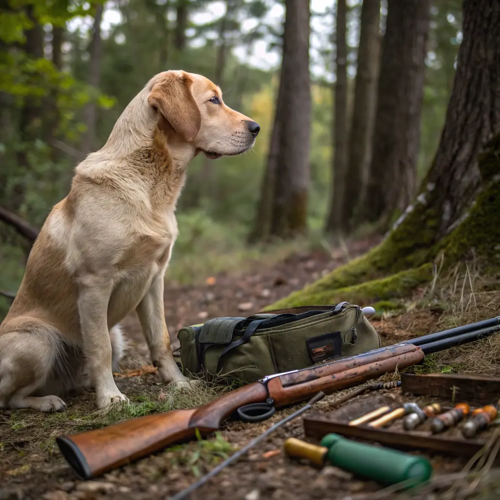 A Labrador Retriever sitting in a forest with a shotgun and hunting gear.and gun names for dogs
