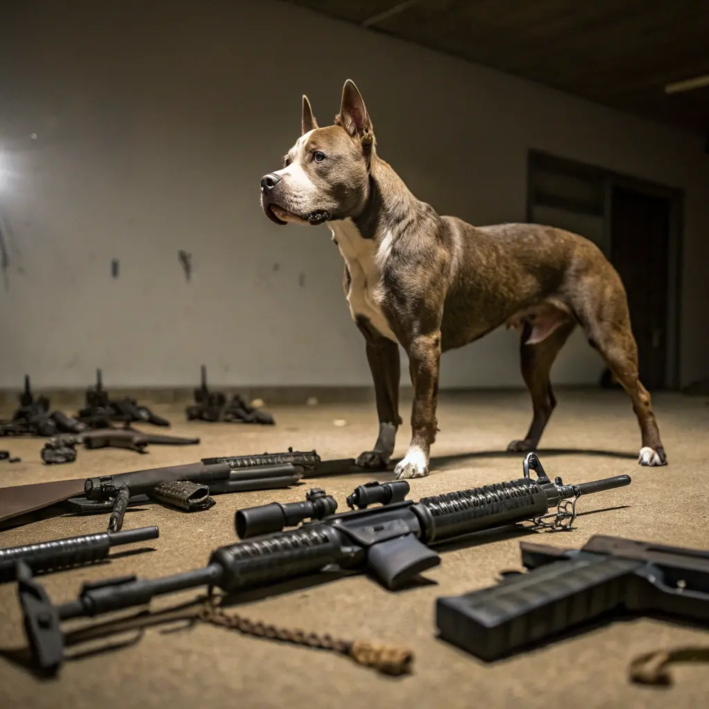 A dog standing in a room with a large number of firearms.and gun names for dogs