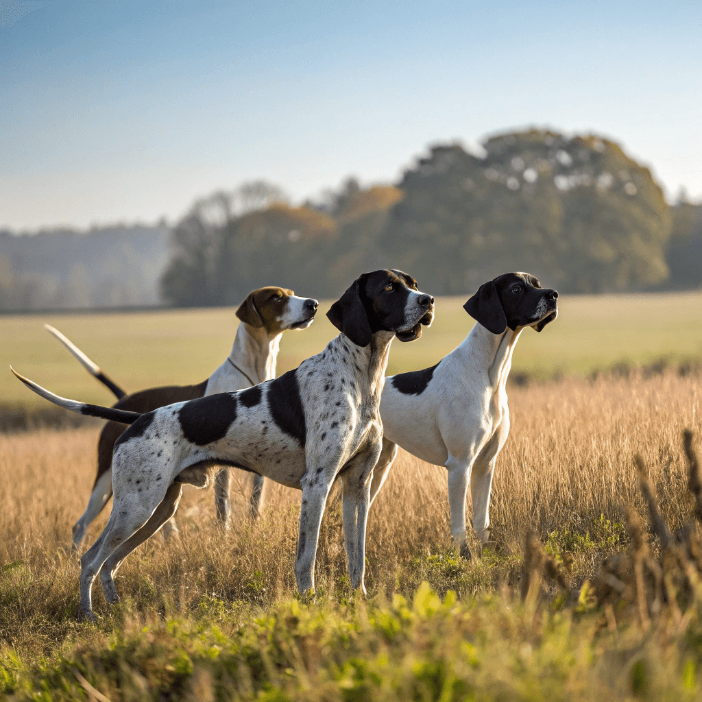 Two active pointer dogs standing outdoors, symbolizing strength and energy, representing the benefits of Inukshuk Dog Food.