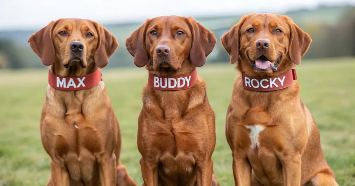 Three red-coated dogs with unique personalities, showcasing vibrant red dog names.