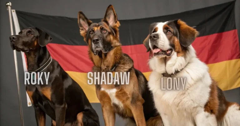 Three German dogs (Doberman, German Shepherd, Saint Bernard) in front of the German flag.German dog name