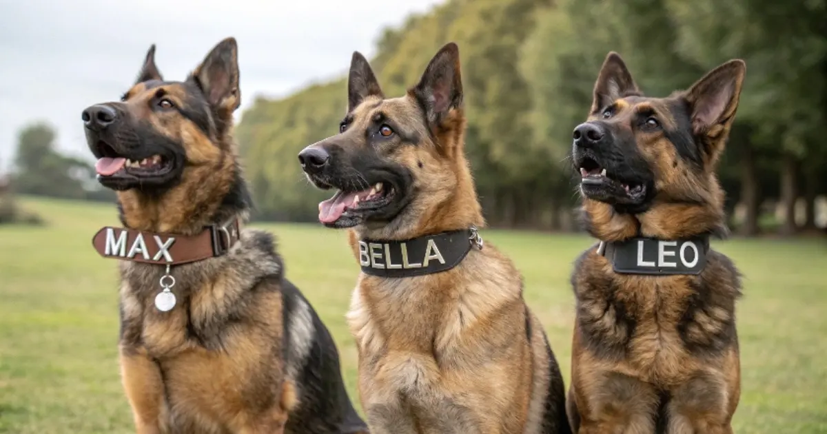 Three German Shepherd dog names sitting outdoors with name tags reading "Max," "Bella," and "Leo."