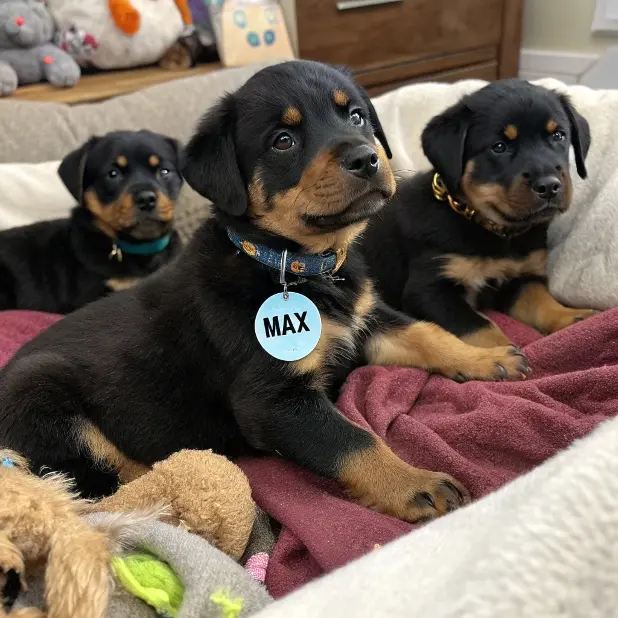 Rottweiler puppies resting in a cozy bed, with one puppy proudly wearing a "Max" tag, a classic German dog name.