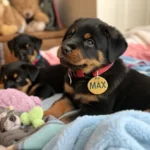 Rottweiler puppies resting in a cozy bed, with one puppy proudly wearing a "Max" tag, a classic German dog name.