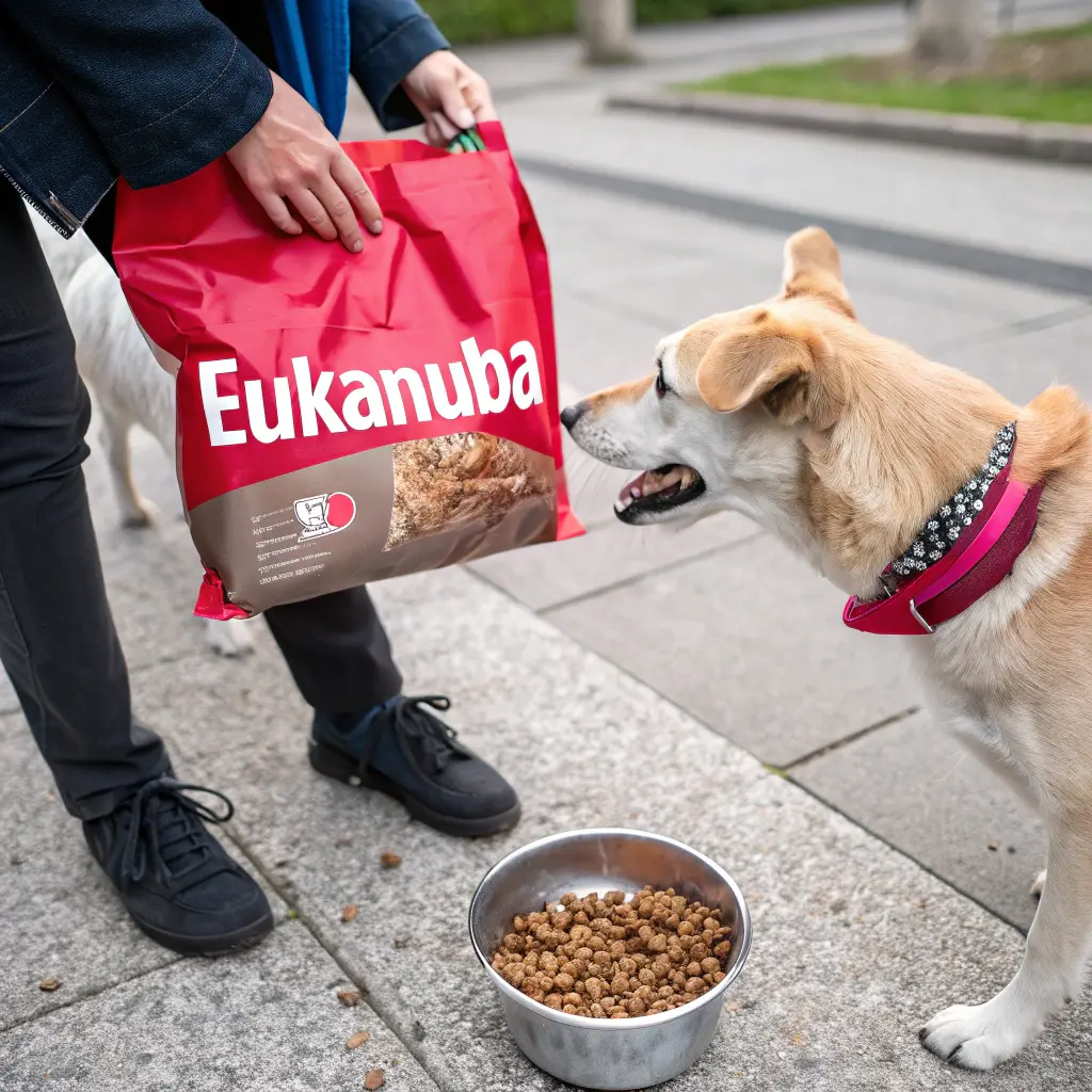 Owner feeding a dog with Eukanuba dog food in an urban setting