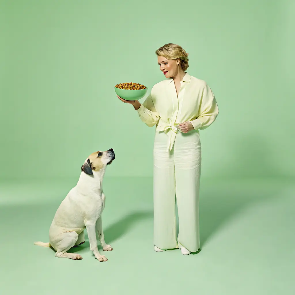 "Katherine Heigl dog food promoted as a trusted choice for pets by Katherine Heigl and her dog."