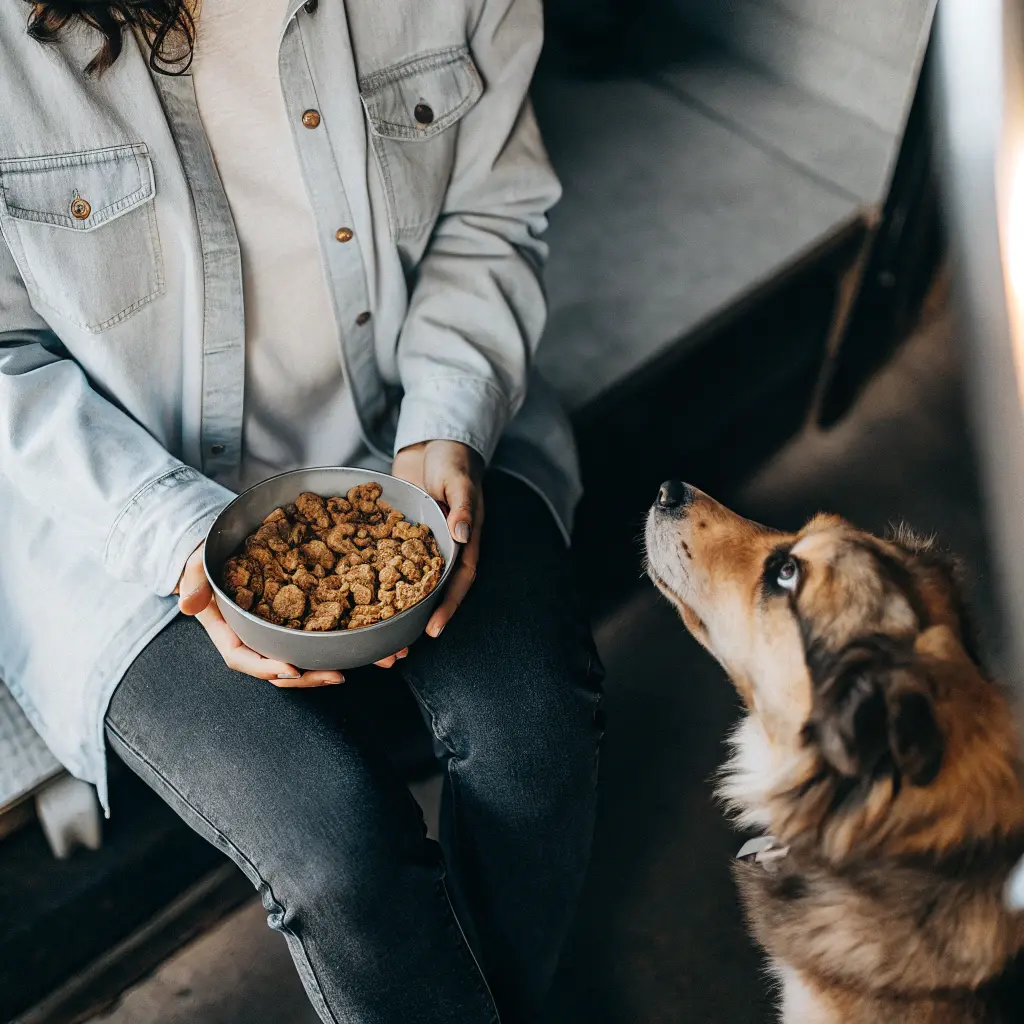 "A playful dog enjoying a meal of Katherine Heigl dog food in a cozy setting."